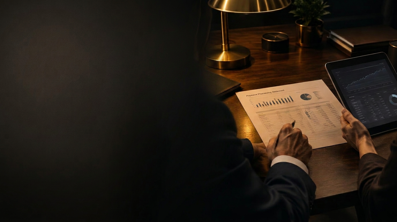Advisor reviewing a payment processing statement with a merchant