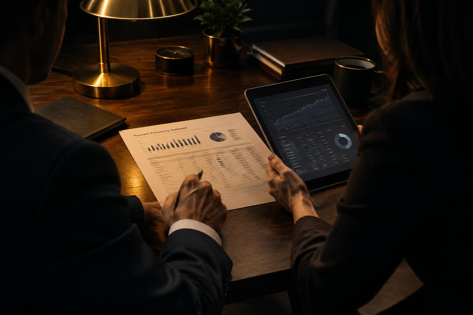 Advisor and merchant reviewing a payment processing statement together at a desk